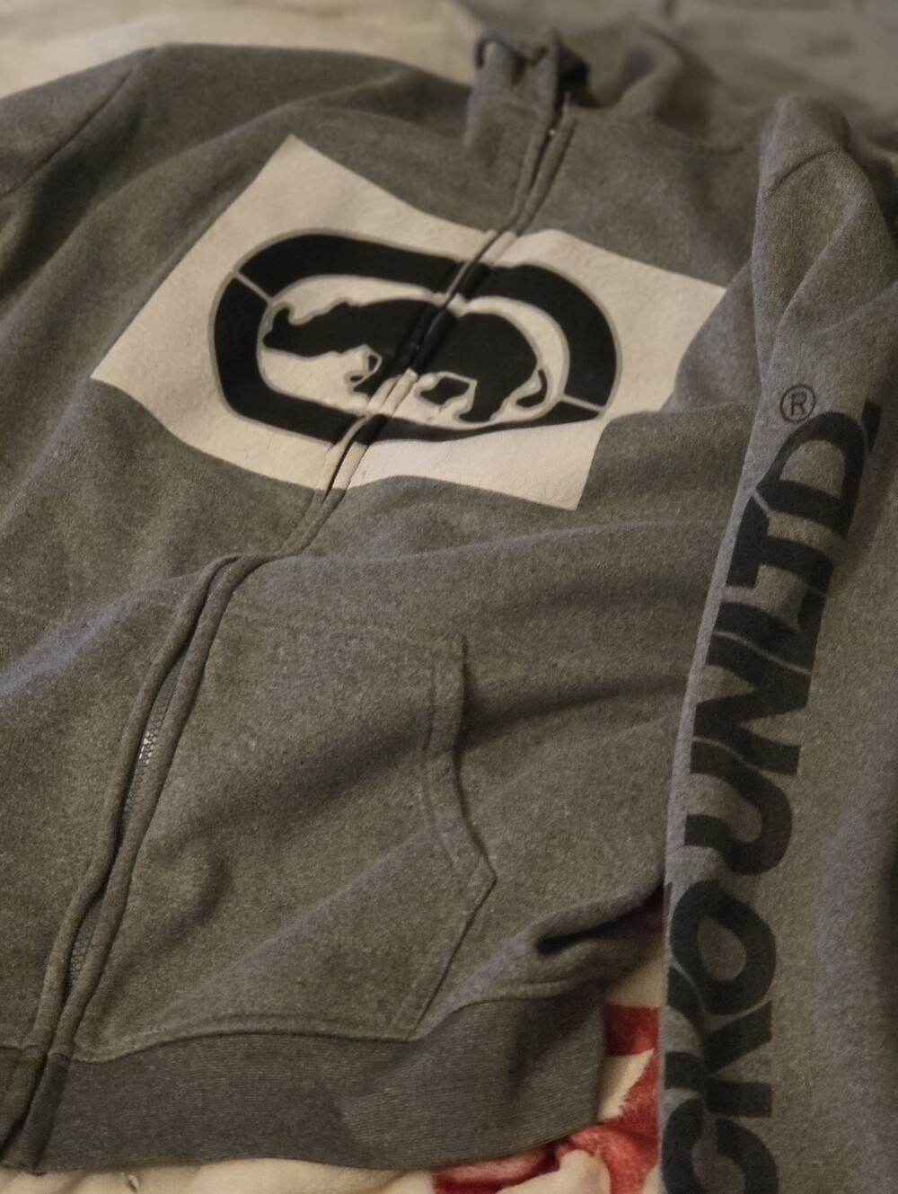 Ecko Unlimited Gray Zip-Up Hoodie with Rhino Logo and Sleeve Branding
